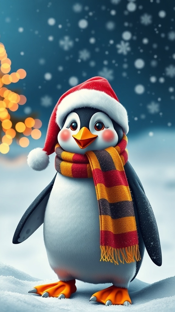 A cheerful penguin in a Santa hat and scarf in a snowy Christmas setting.